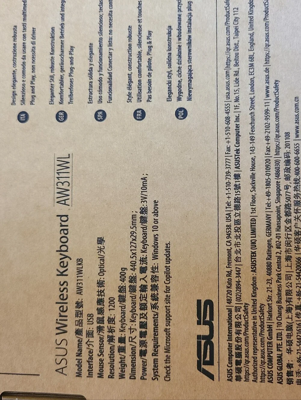 Brand New In Box (NIB) ASUS AW311WL Wireless Keyboard and Mouse Combo Set Black